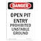 Signmission OSHA, Portrait Open Pit Prohibited Unstable Ground, 10in X 7in Rigid Plastic, 7" W, 10" H, Portrait OS-DS-P-710-V-1879 - alternate 1